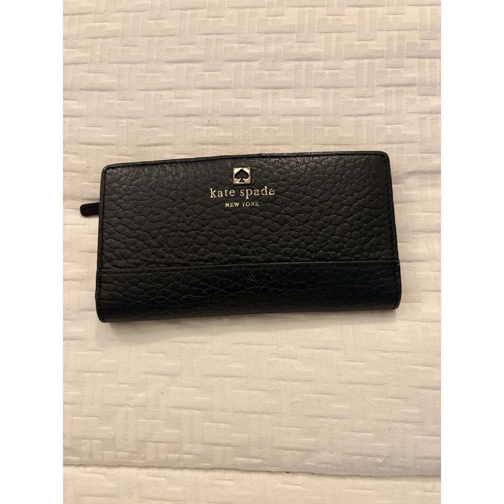 Kate Spade New York Black Pebbled Leather Bifold Wallet Tan Interior Slim